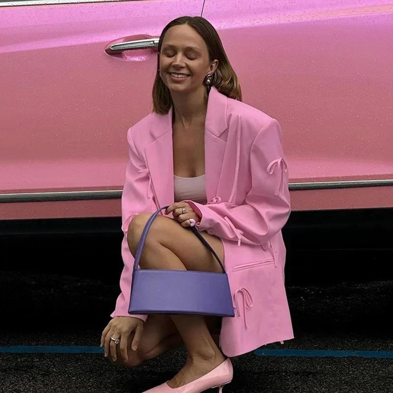 Women's Oversized Blazer with Bow Detail and Notched Lapel - We are MFEO