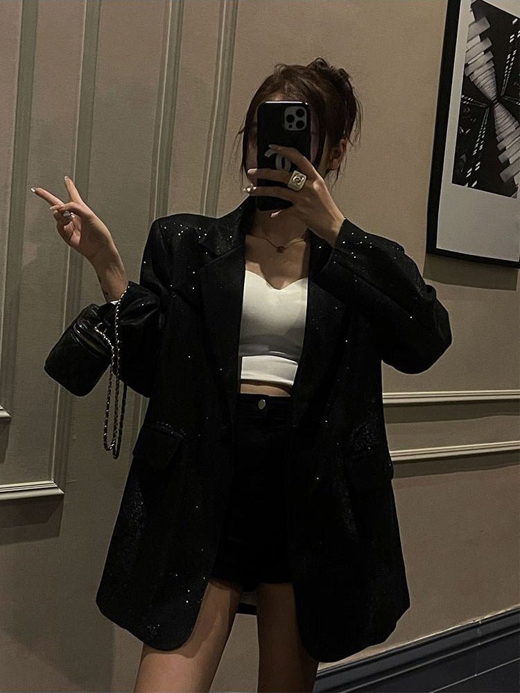 Women's Oversized Blazer with Notched Lapel – Subtle Glitter Detail - We are MFEO