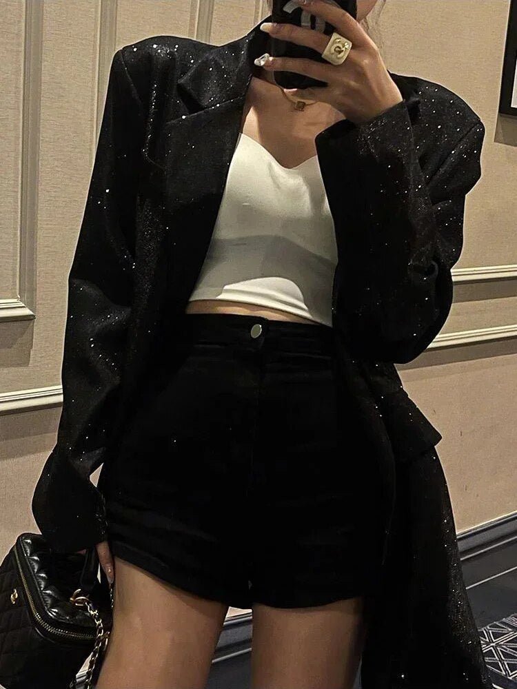 Women's Oversized Blazer with Notched Lapel – Subtle Glitter Detail - We are MFEO