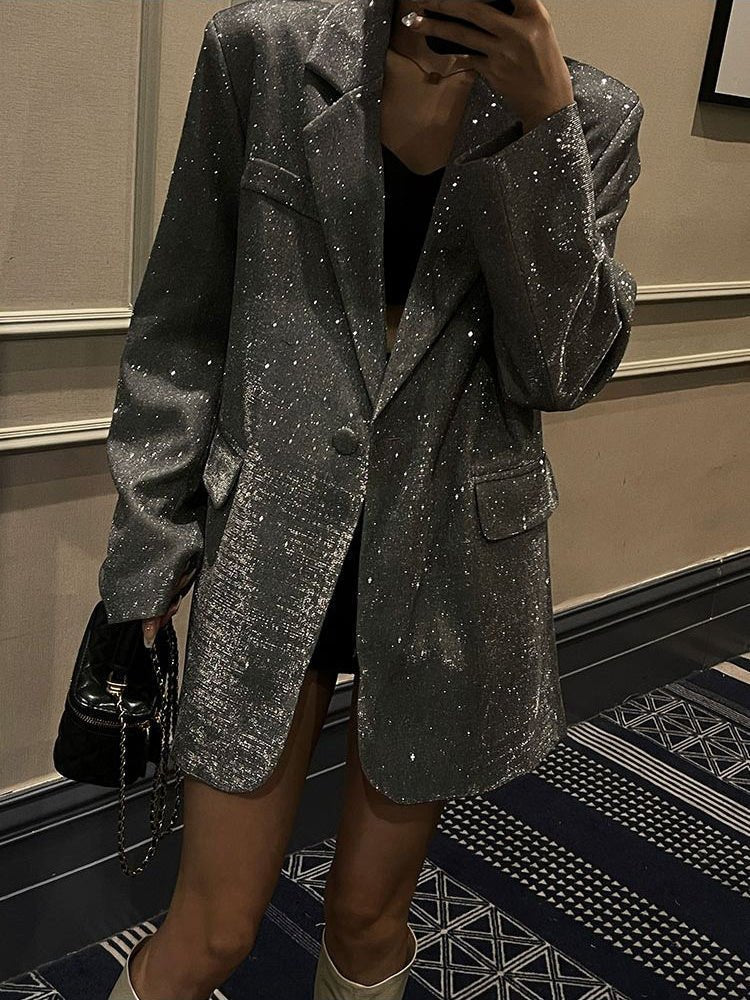 Women's Oversized Blazer with Notched Lapel – Subtle Glitter Detail - We are MFEO