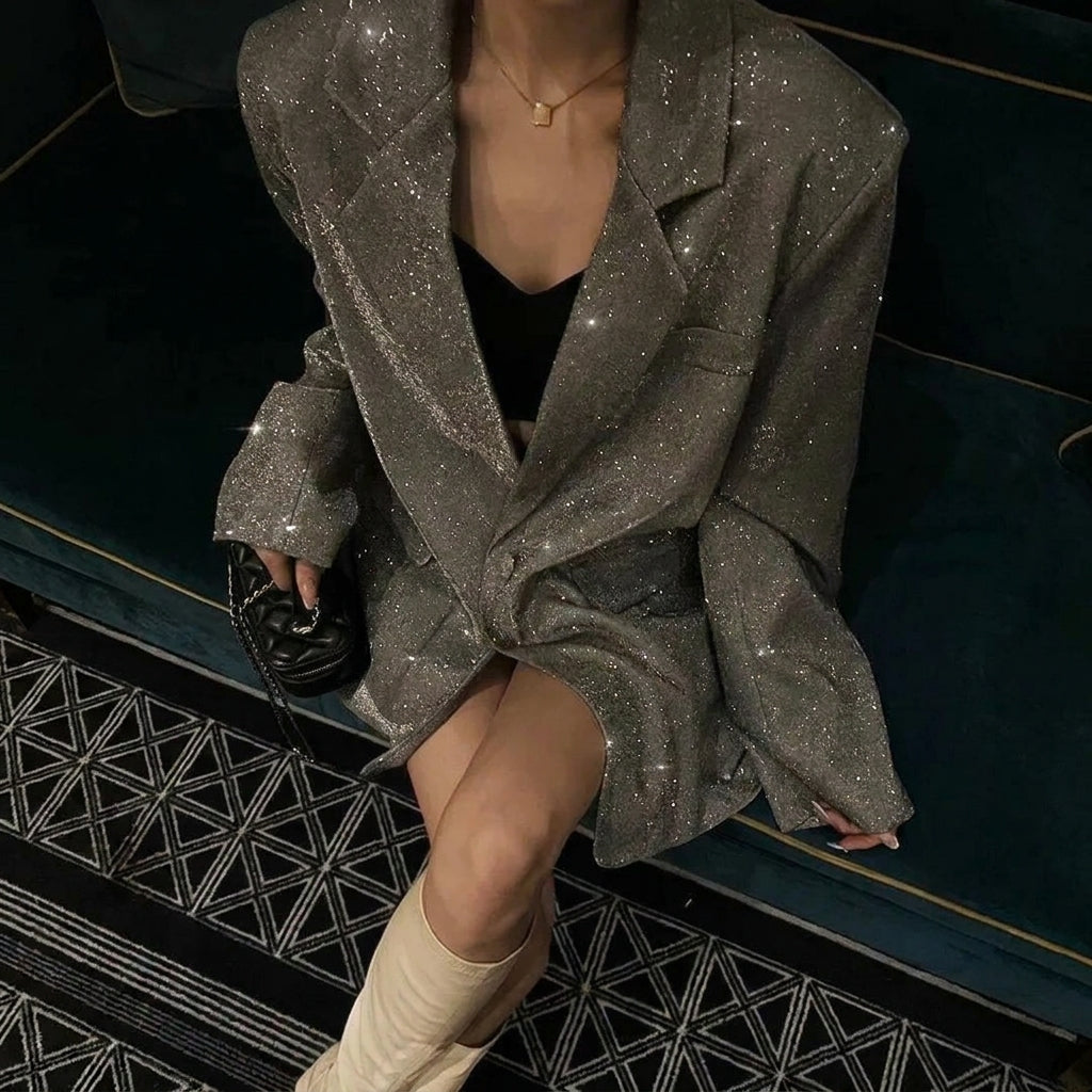 Women's Oversized Blazer with Notched Lapel – Subtle Glitter Detail 1