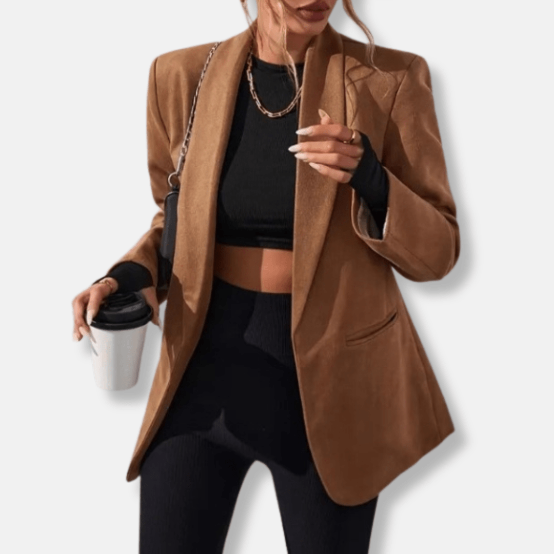 Women's Oversized Blazer with Sculpted Shoulders – Open Front Shawl Collar - We are MFEO