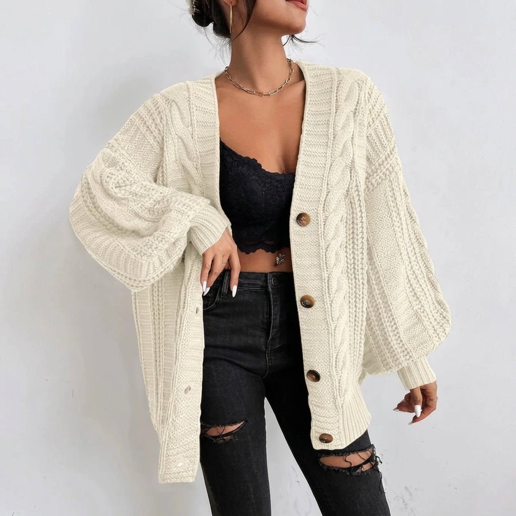 Women's Oversized Cable Knit Cardigan – Button Front with Balloon Sleeves - We are MFEO
