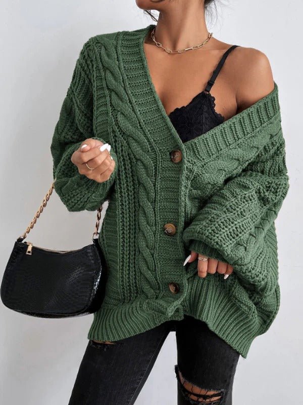 Women's Oversized Cable Knit Cardigan – Button Front with Balloon Sleeves - We are MFEO