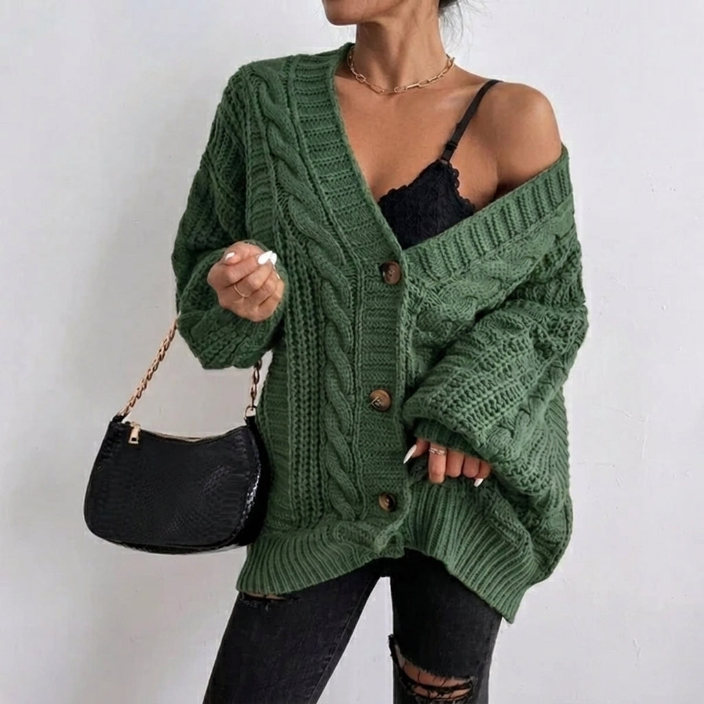 Women's Oversized Cable Knit Cardigan – Button Front with Balloon Sleeves - We are MFEO