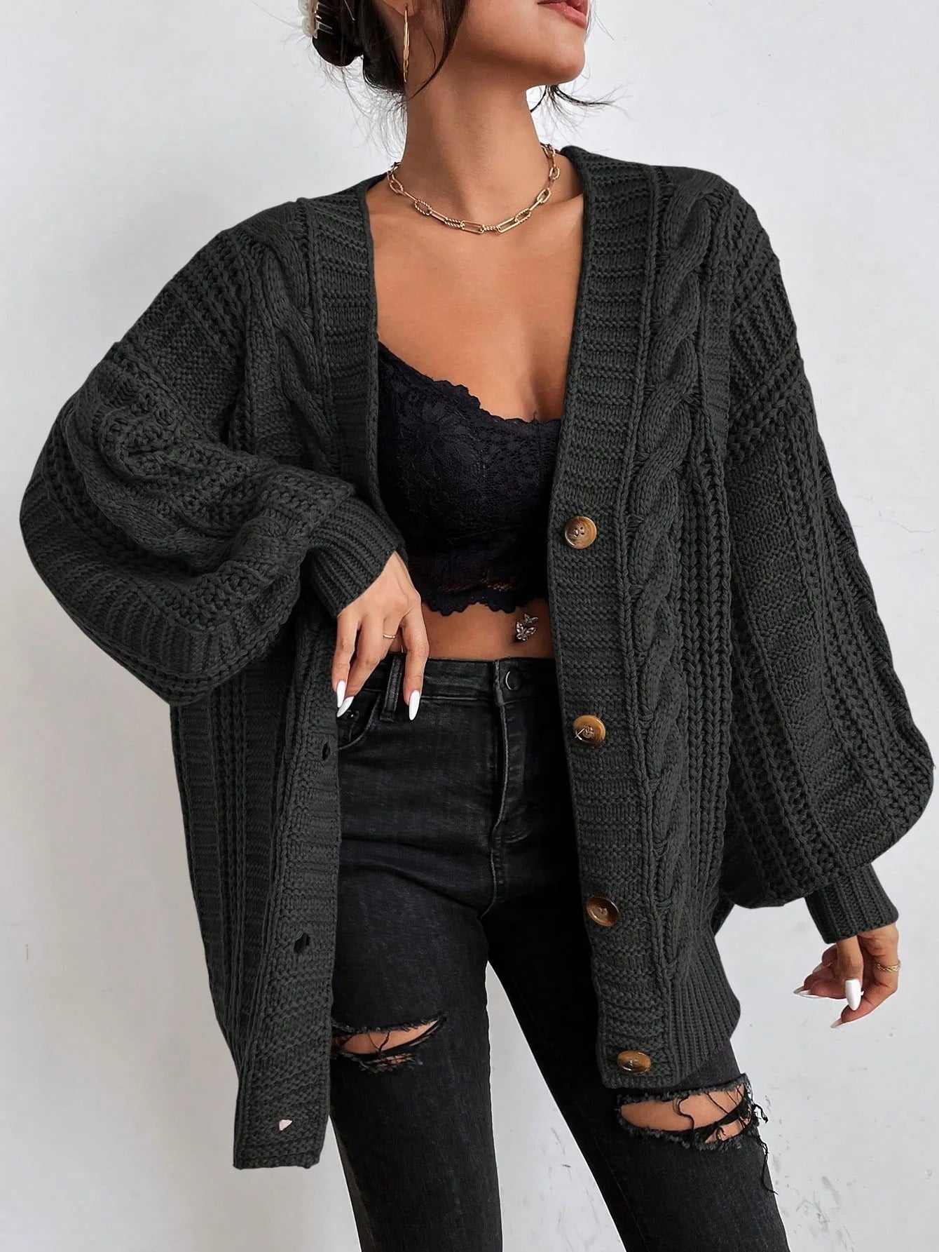 Women's Oversized Cable Knit Cardigan – Button Front with Balloon Sleeves - We are MFEO