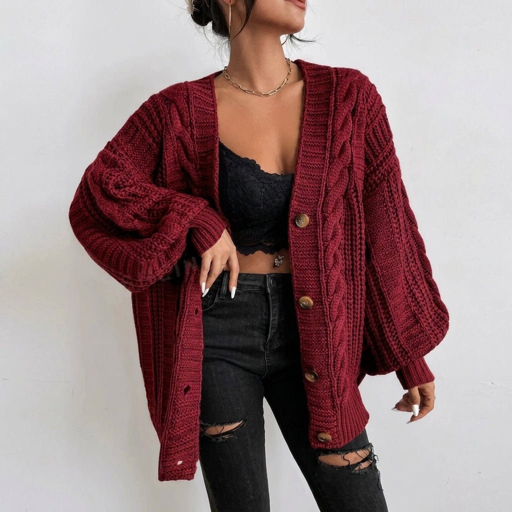 Women's Oversized Cable Knit Cardigan – Button Front with Balloon Sleeves - We are MFEO
