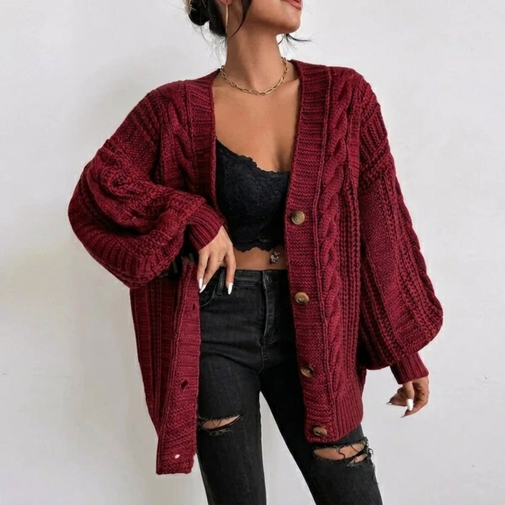 Women's Oversized Cable Knit Cardigan – Button Front with Balloon Sleeves - We are MFEO 
