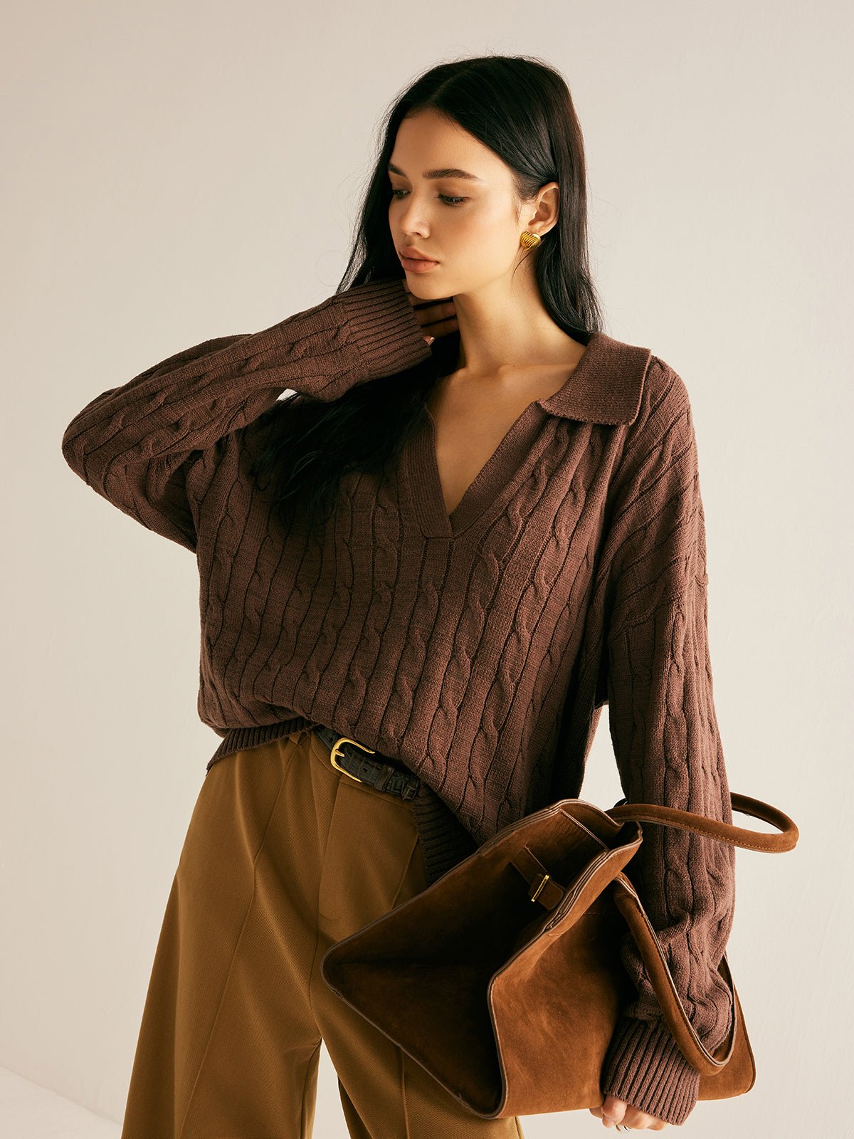 Women's Oversized Cable Knit Jumper with V-Neck and Spread Collar - We are MFEO