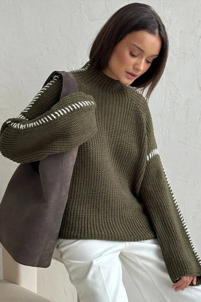 Women's Oversized Chunky Knit Jumper – Mock Neck with Contrast Stitch Sleeves - We are MFEO