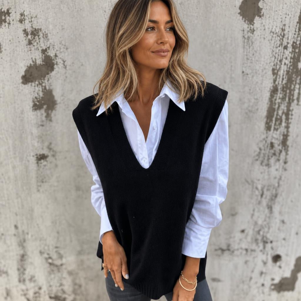 Women's Oversized Knitted Vest – Deep V Neck with Ribbed Trim - We are MFEO