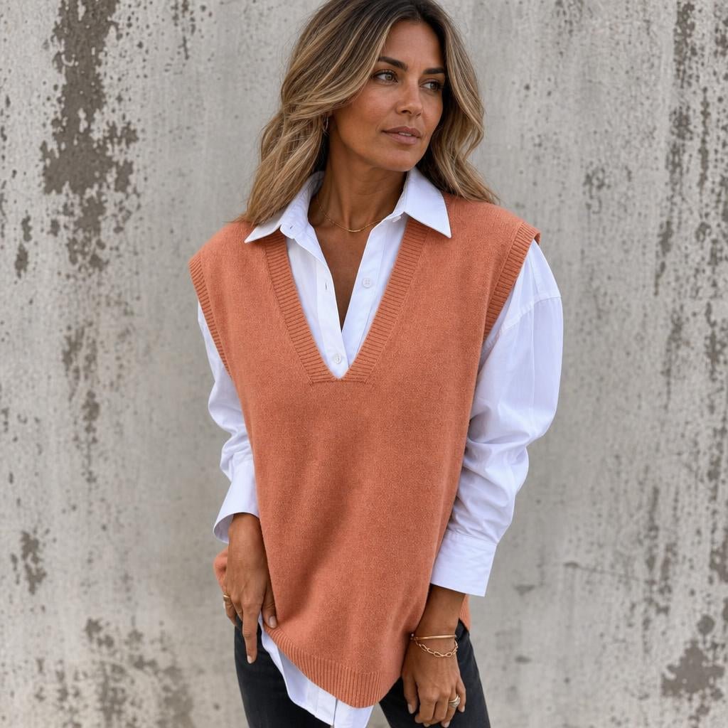 Women's Oversized Knitted Vest – Deep V Neck with Ribbed Trim - We are MFEO