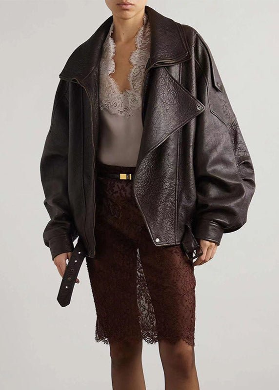 Women's Oversized Leather Jacket – Retro Bomber Style with Belted Waist - We are MFEO