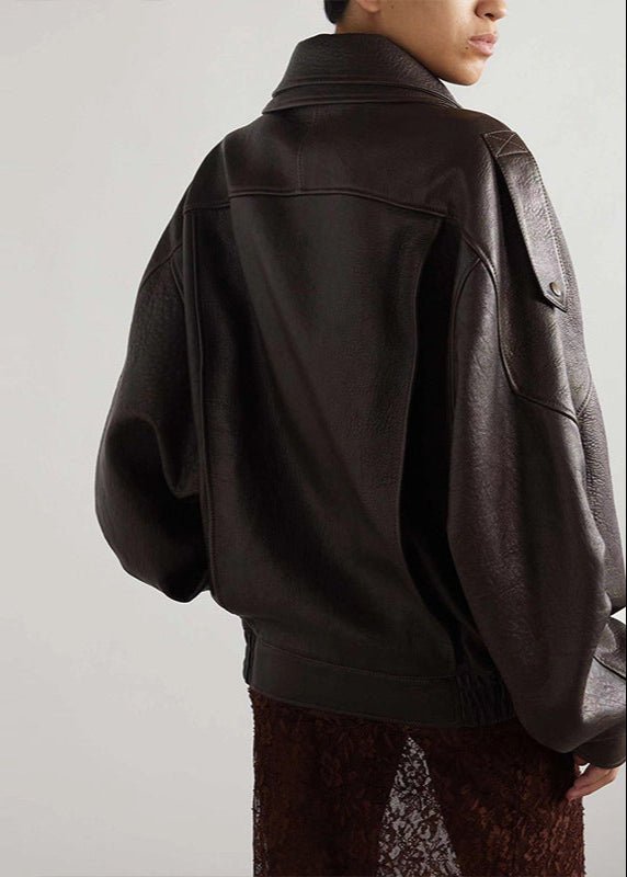Women's Oversized Leather Jacket – Retro Bomber Style with Belted Waist - We are MFEO