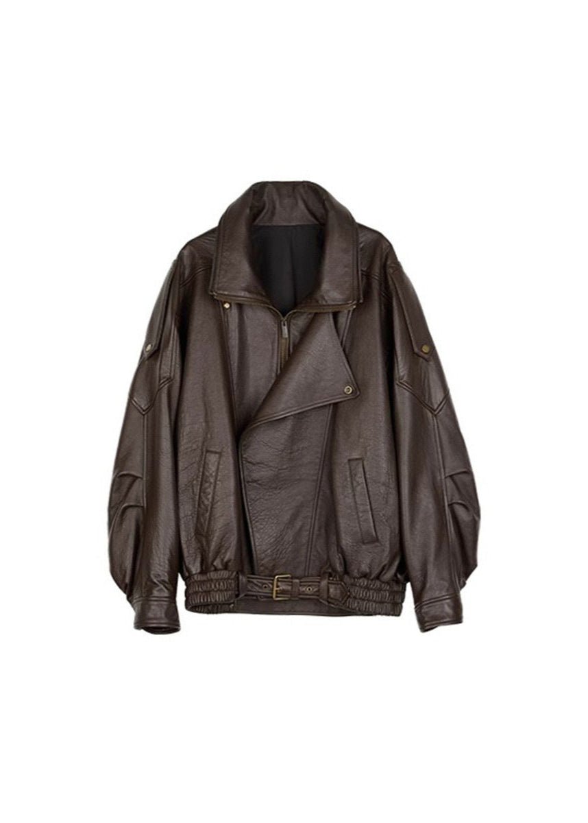 Women's Oversized Leather Jacket – Retro Bomber Style with Belted Waist - We are MFEO