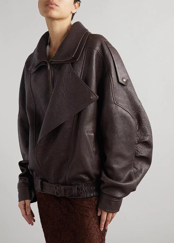 Women's Oversized Leather Jacket – Retro Bomber Style with Belted Waist - We are MFEO