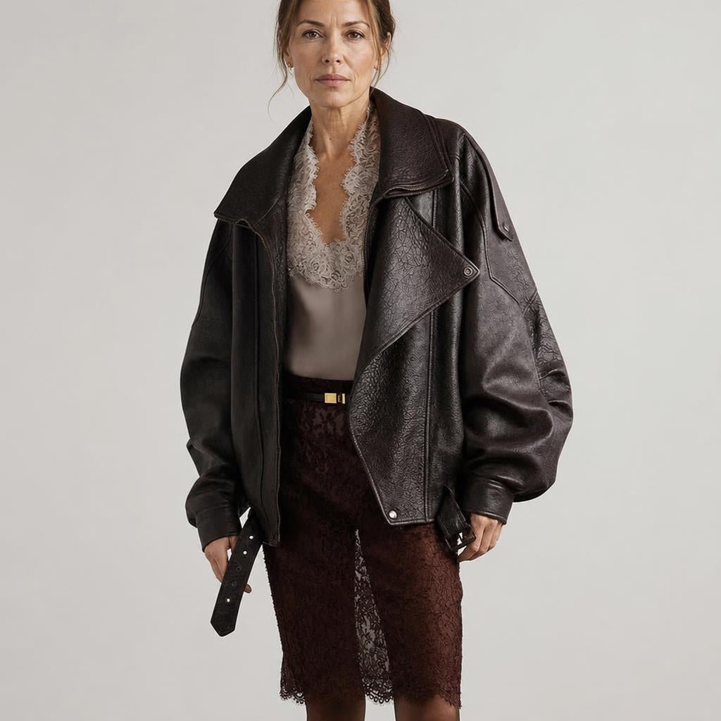 Women's Oversized Leather Jacket – Retro Bomber Style with Belted Waist - We are MFEO