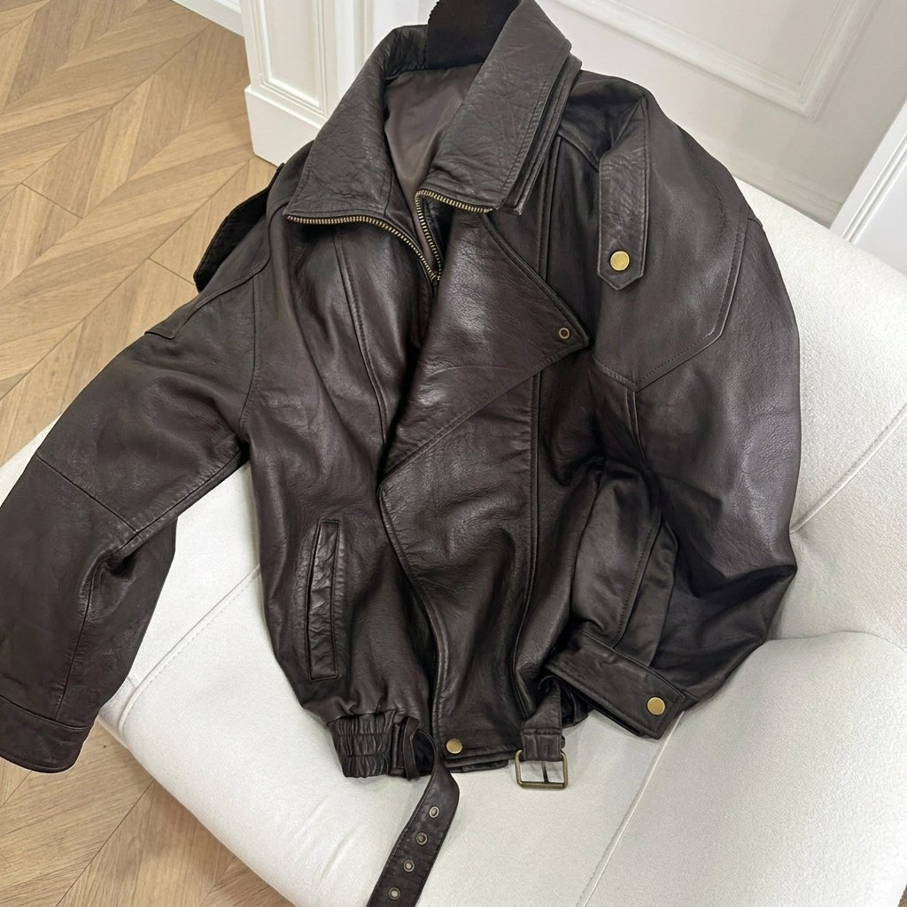 Women's Oversized Leather Jacket – Retro Bomber Style with Belted Waist - We are MFEO