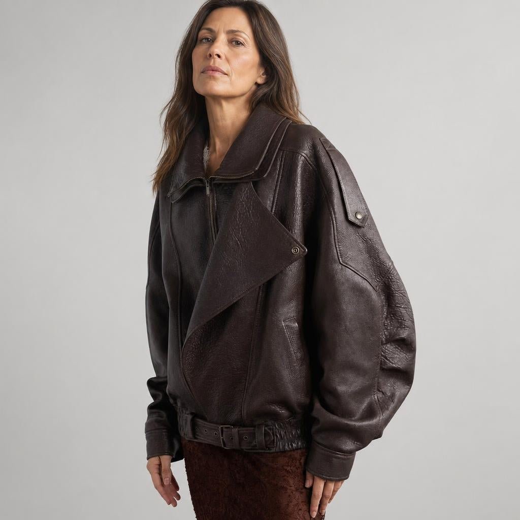Women's Oversized Leather Jacket – Retro Bomber Style with Belted Waist - We are MFEO