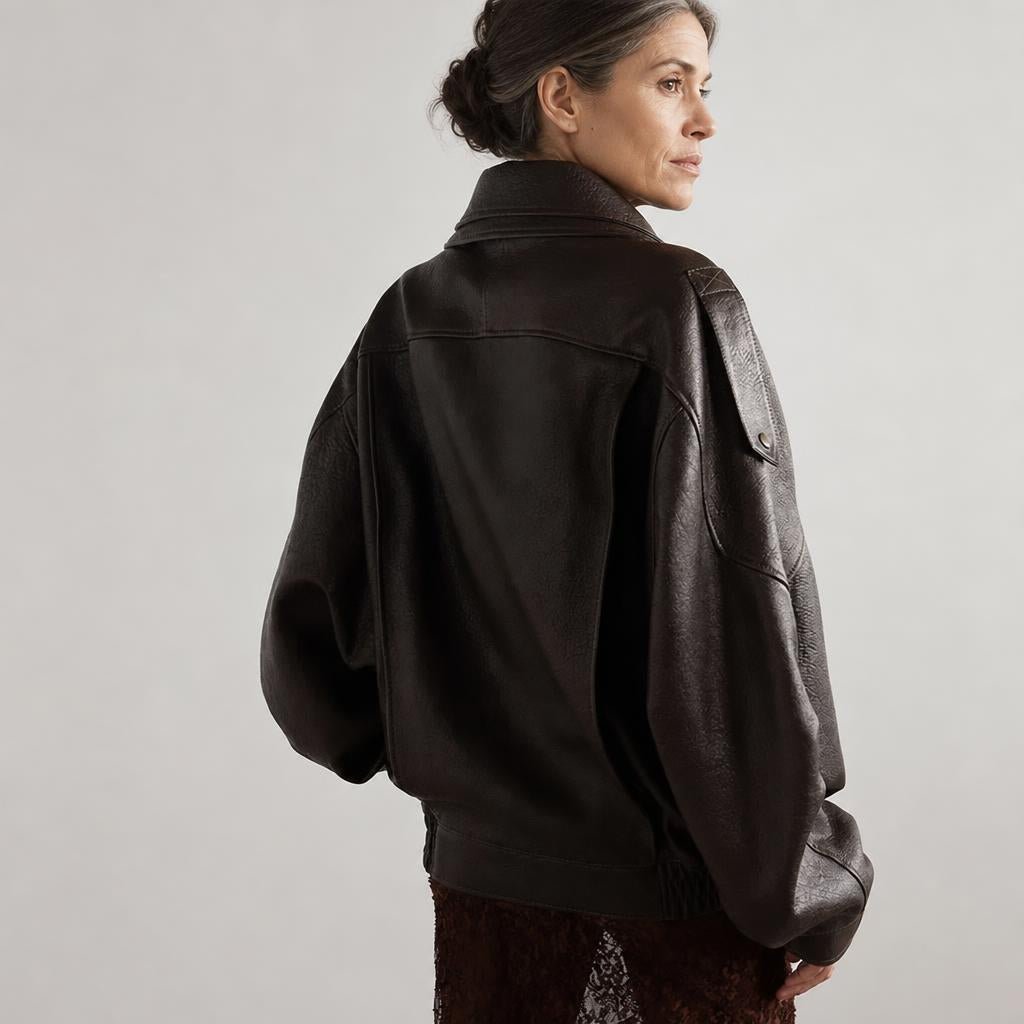 Women's Oversized Leather Jacket – Retro Bomber Style with Belted Waist - We are MFEO