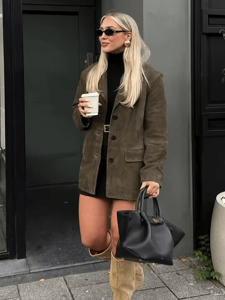 Women's Oversized Sueded Jacket with Notch Collar – Vintage Layering Piece - We are MFEO