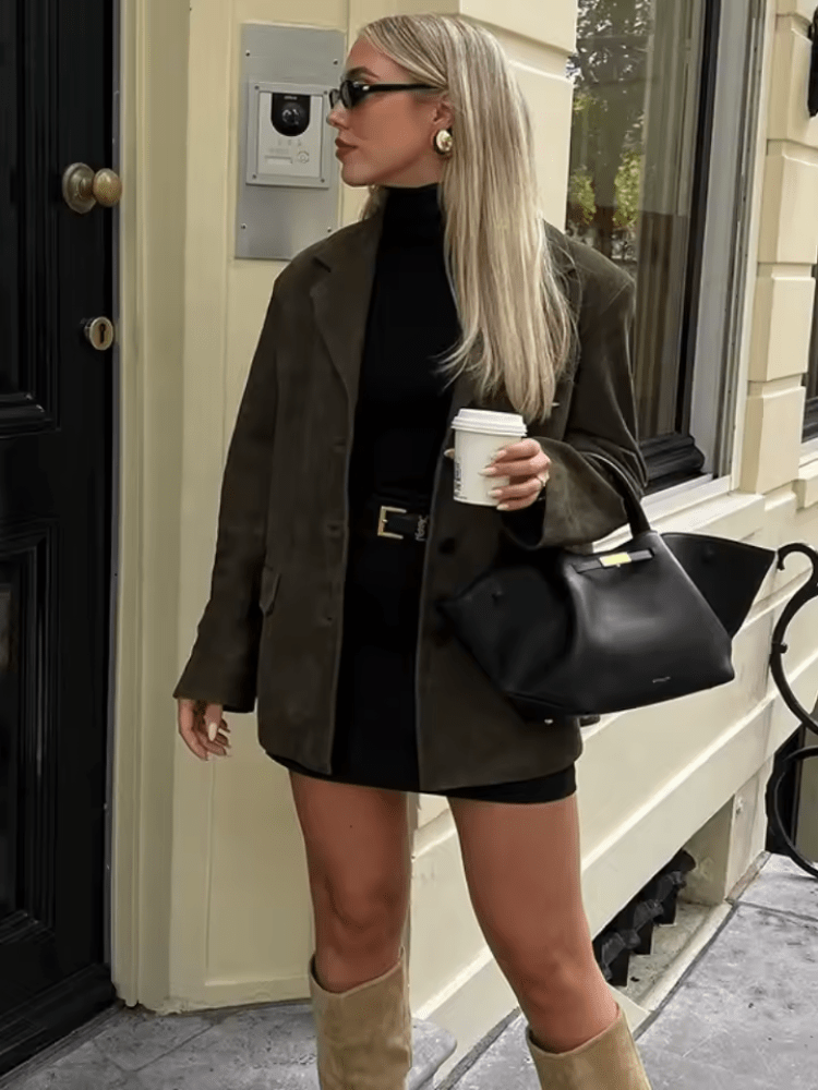 Women's Oversized Sueded Jacket with Notch Collar – Vintage Layering Piece - We are MFEO