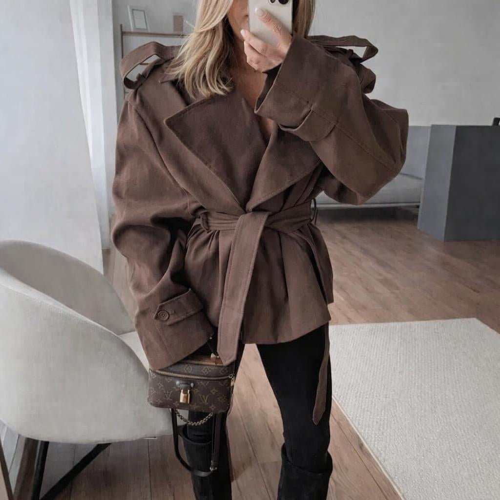 Women's Oversized Trench Coat – Hip Length Relaxed Fit with Self Tie Belt - We are MFEO