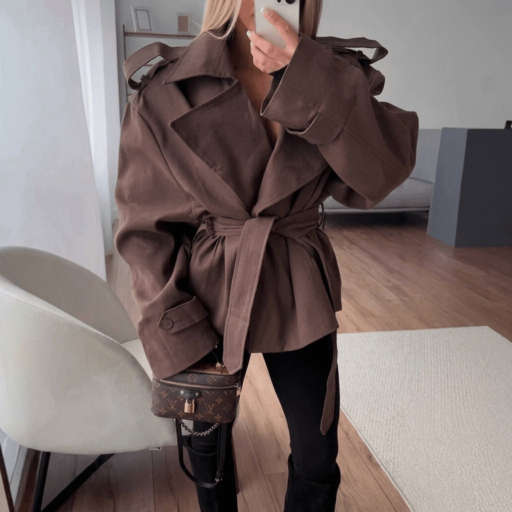 Women's Oversized Trench Coat – Hip Length Relaxed Fit with Self Tie Belt - We are MFEO