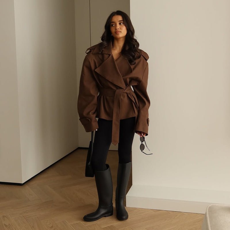 Women's Oversized Trench Coat – Hip Length Relaxed Fit with Self Tie Belt - We are MFEO