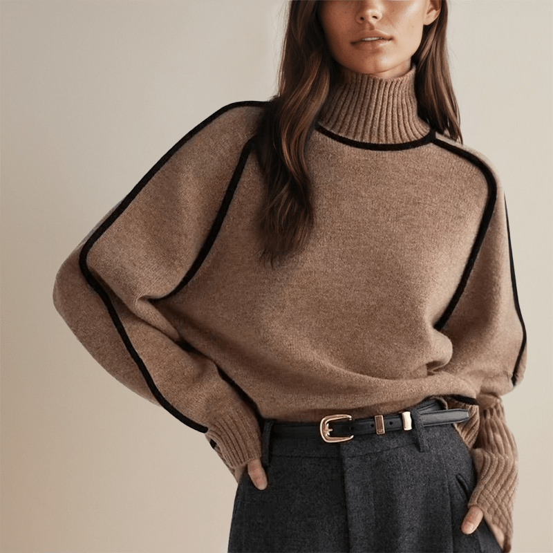 Women's Oversized Turtleneck Sweater – Relaxed Fit with Contrast Trim for Casual Wear - We are MFEO