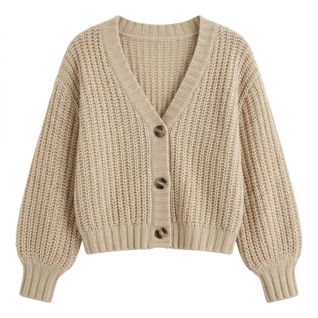 Women's Oversized V-Neck Cardigan – Chunky Knit with Balloon Sleeves - We are MFEO