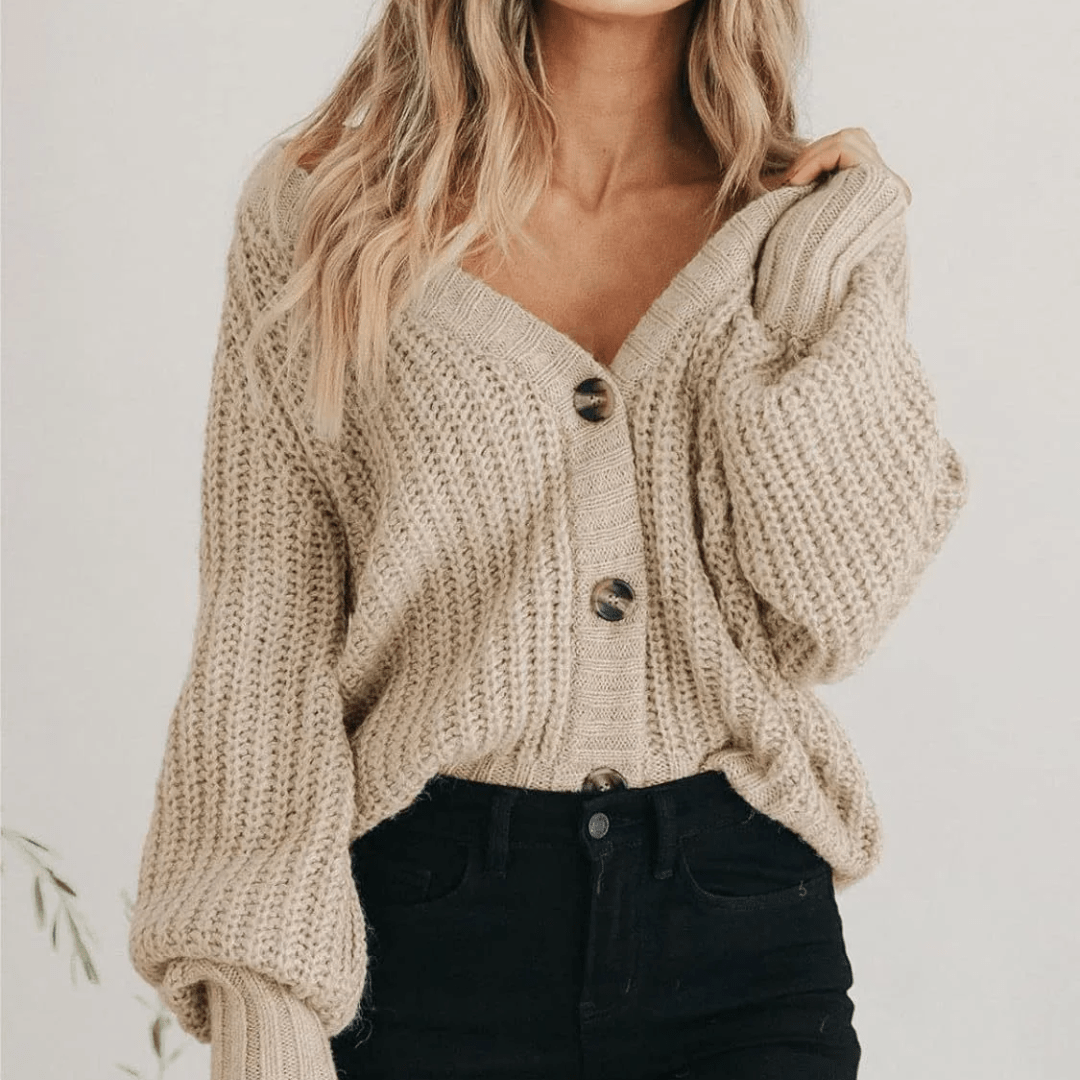 Women's Oversized V-Neck Cardigan – Chunky Knit with Balloon Sleeves - We are MFEO
