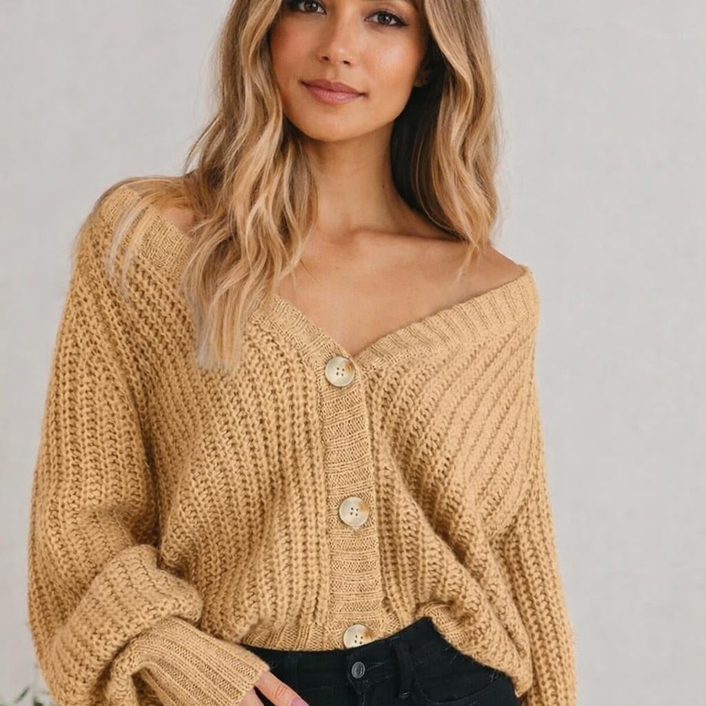Women's Oversized V-Neck Cardigan – Chunky Knit with Balloon Sleeves - We are MFEO