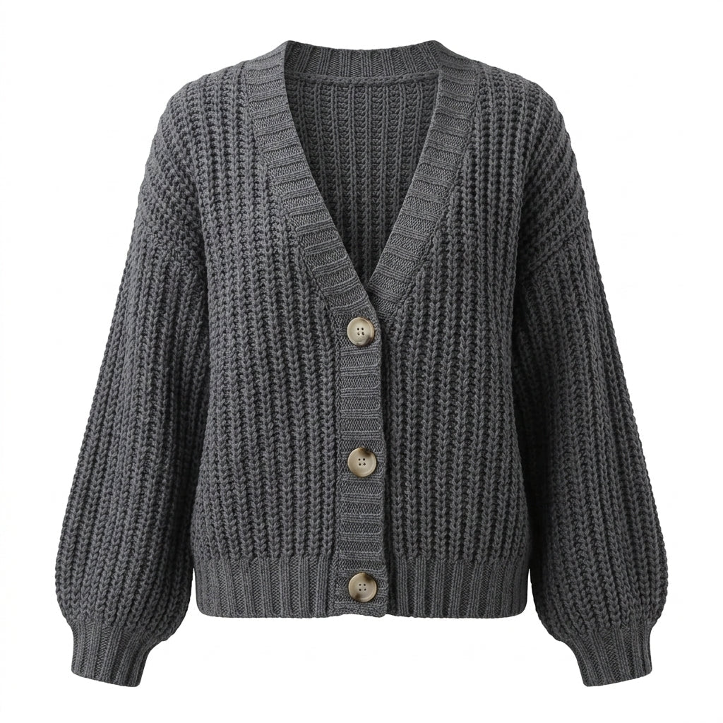 Women's Oversized V-Neck Cardigan – Chunky Knit with Balloon Sleeves - We are MFEO