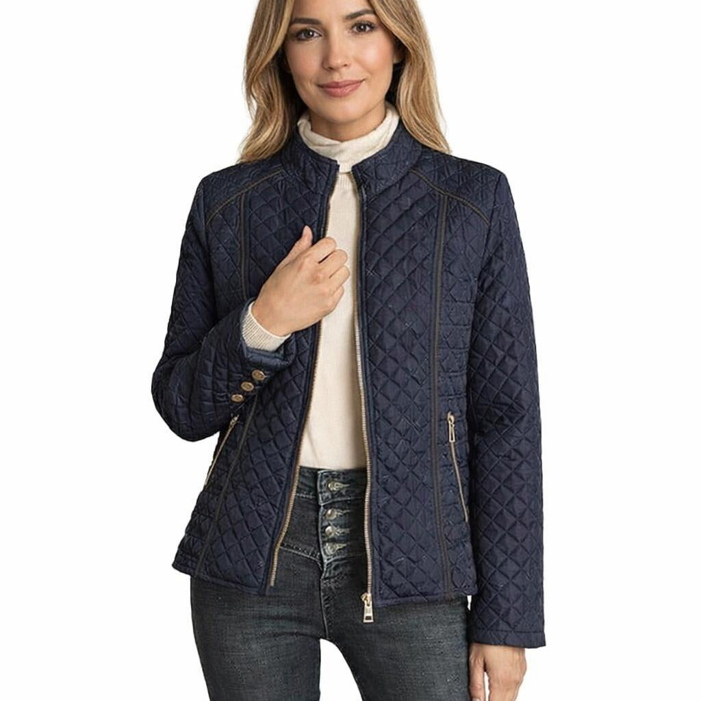 Women's Quilted Jacket for Winter – Zip Up with Stand Collar and Side Pockets