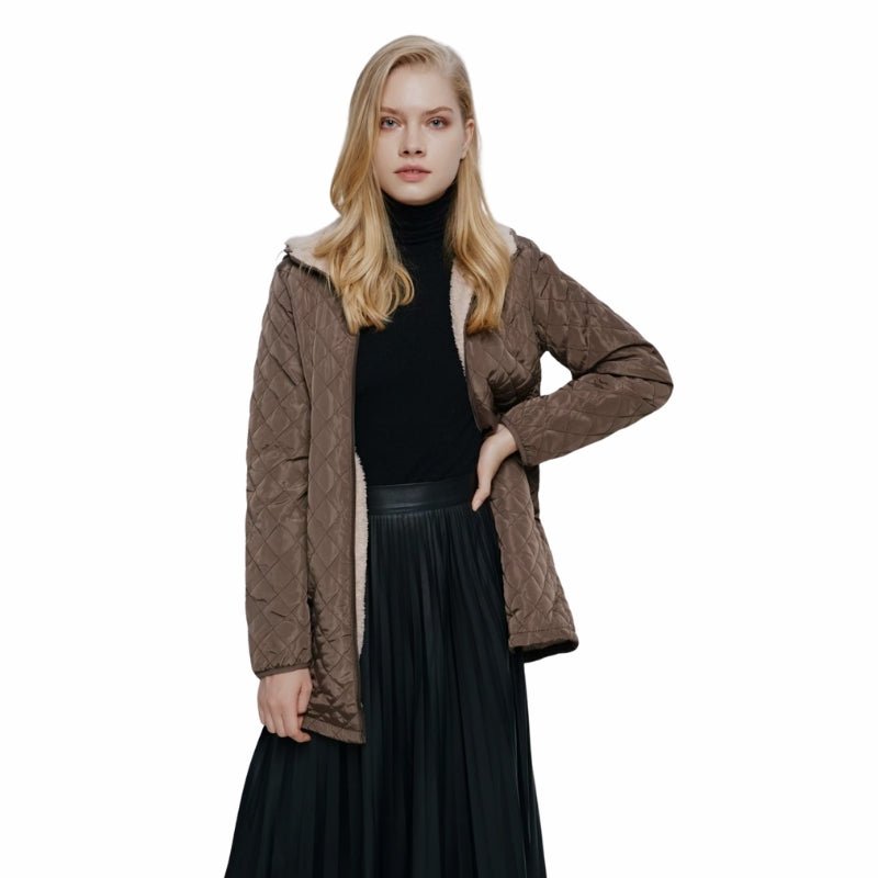 Women's Quilted Longline Jacket for Winter – Hooded, Plush Lining, Diamond Stitch Design - We are MFEO