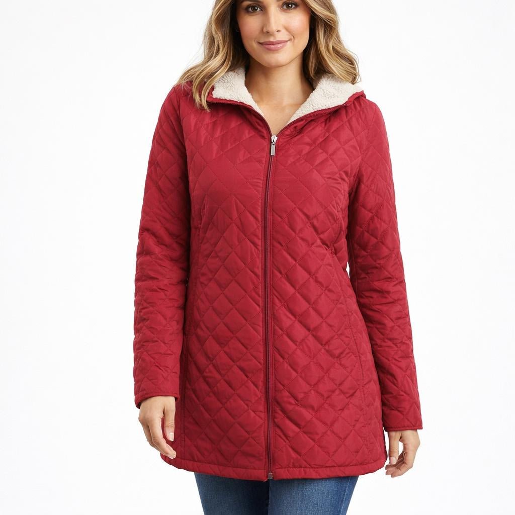 Women's Quilted Longline Jacket for Winter – Hooded, Plush Lining, Diamond Stitch Design - We are MFEO