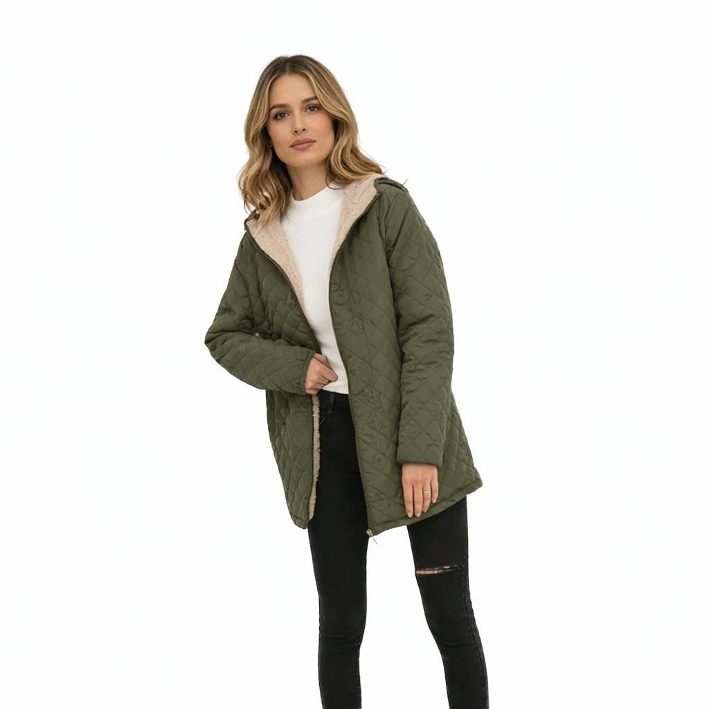 Women's Quilted Longline Jacket for Winter – Hooded, Plush Lining, Diamond Stitch Design - We are MFEO