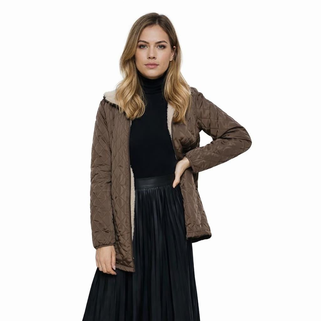 Women's Quilted Longline Jacket for Winter – Hooded, Plush Lining, Diamond Stitch Design - We are MFEO
