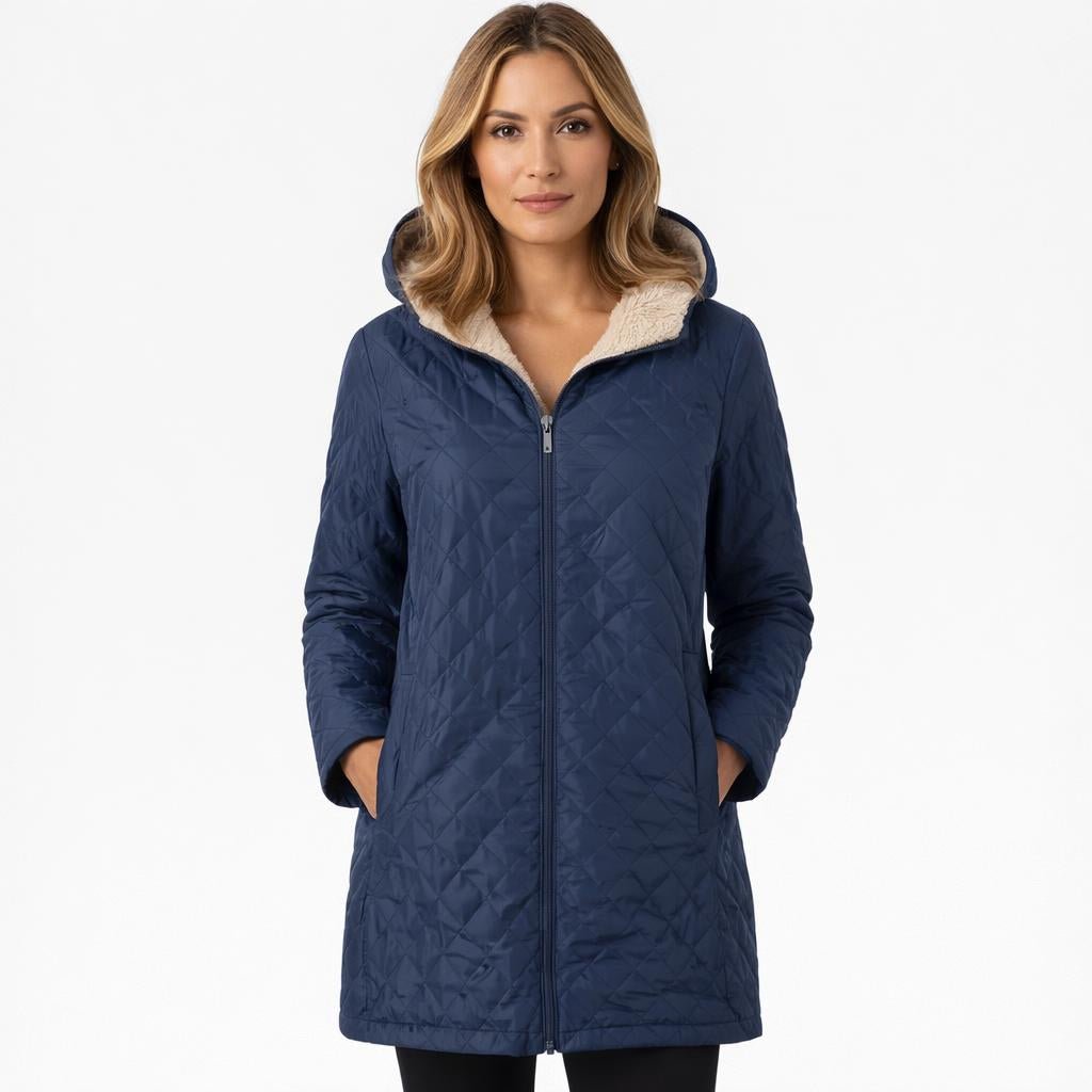 Women's Quilted Longline Jacket for Winter – Hooded, Plush Lining, Diamond Stitch Design - We are MFEO