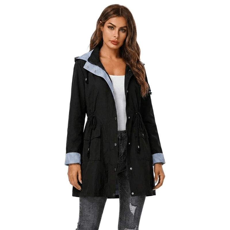 Women's Rain Jacket – Long Waterproof Coat with Hood and Drawstring Waist - We are MFEO