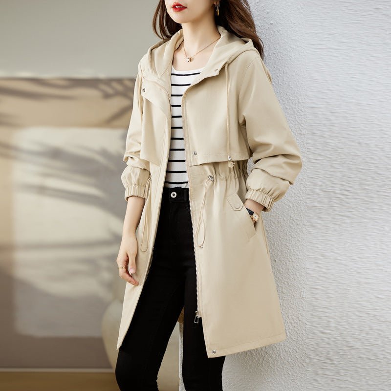 Women's Rain Jacket – Waterproof Mid-Length Trench with Hood and Drawstring Waist - We are MFEO