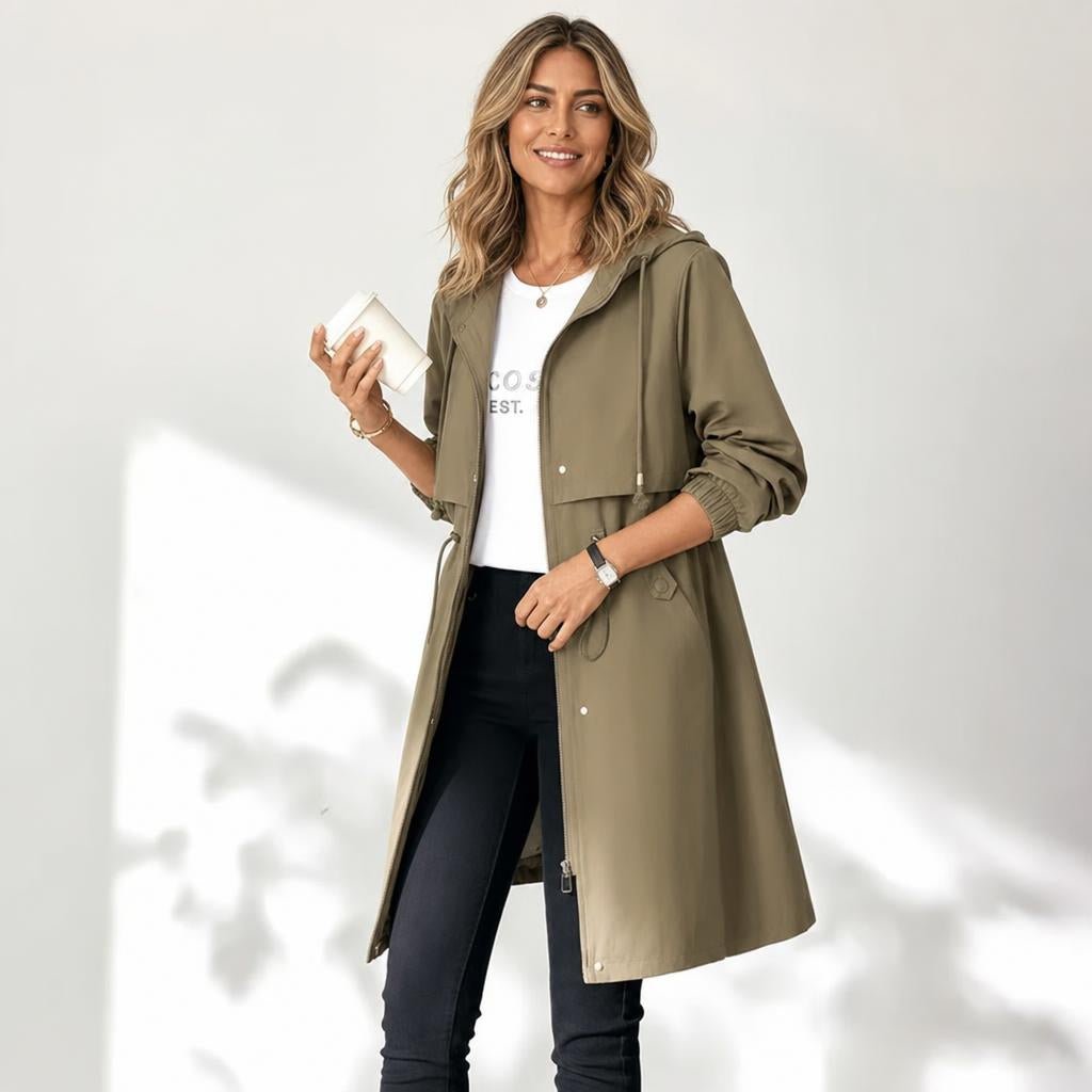 Women's Rain Jacket – Waterproof Mid-Length Trench with Hood and Drawstring Waist - We are MFEO