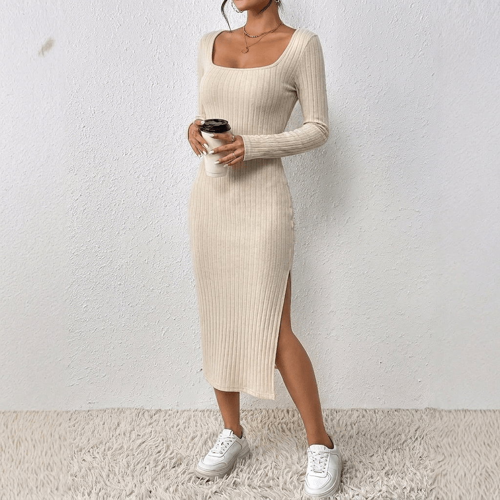 Women's Ribbed Knit Bodycon Dress with Scoop Neck and High Side Slit - We are MFEO