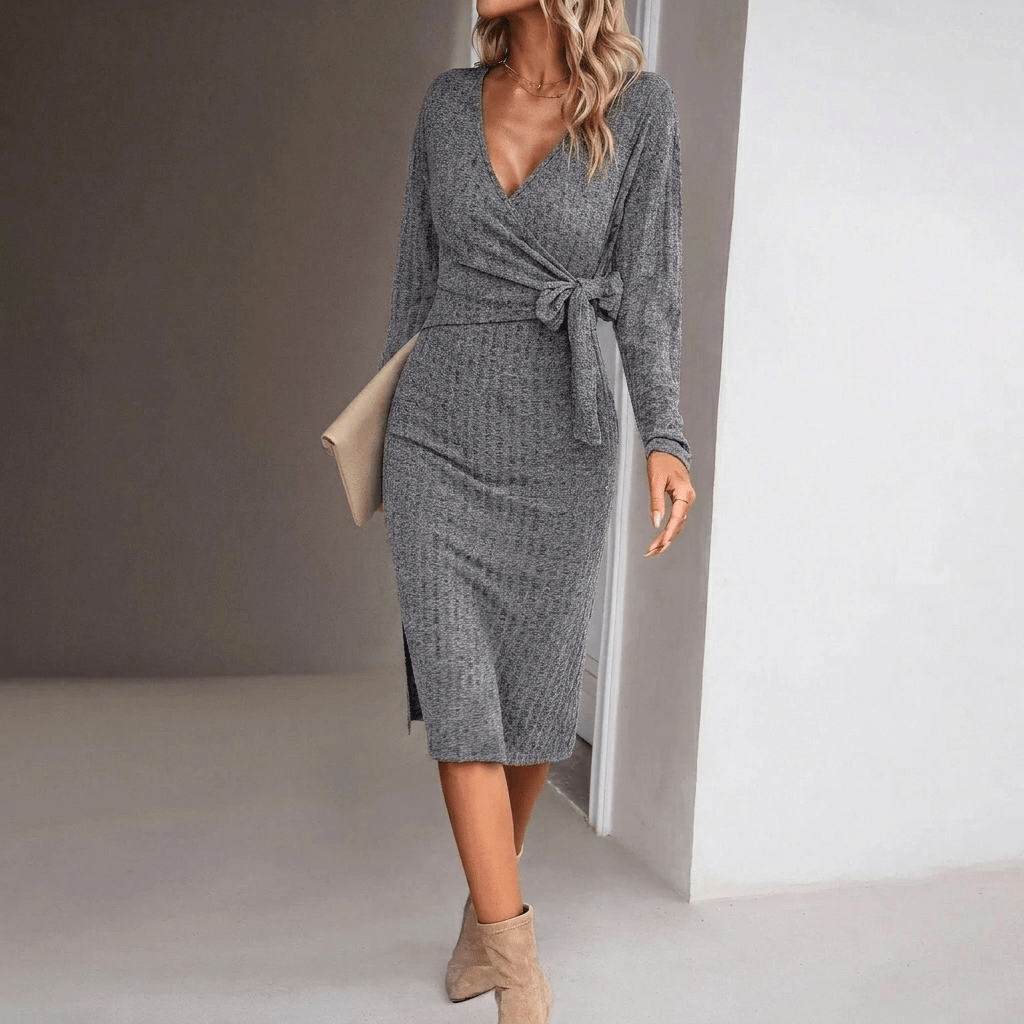 Women's Ribbed Knit Midi Dress – Wrap Style with Long Sleeves and Tie Waist - We are MFEO