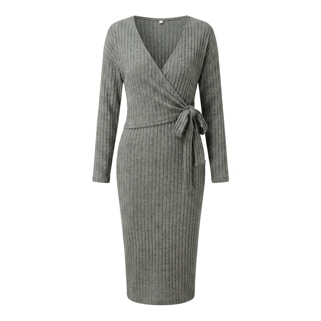 Women's Ribbed Knit Midi Dress – Wrap Style with Long Sleeves and Tie Waist - We are MFEO