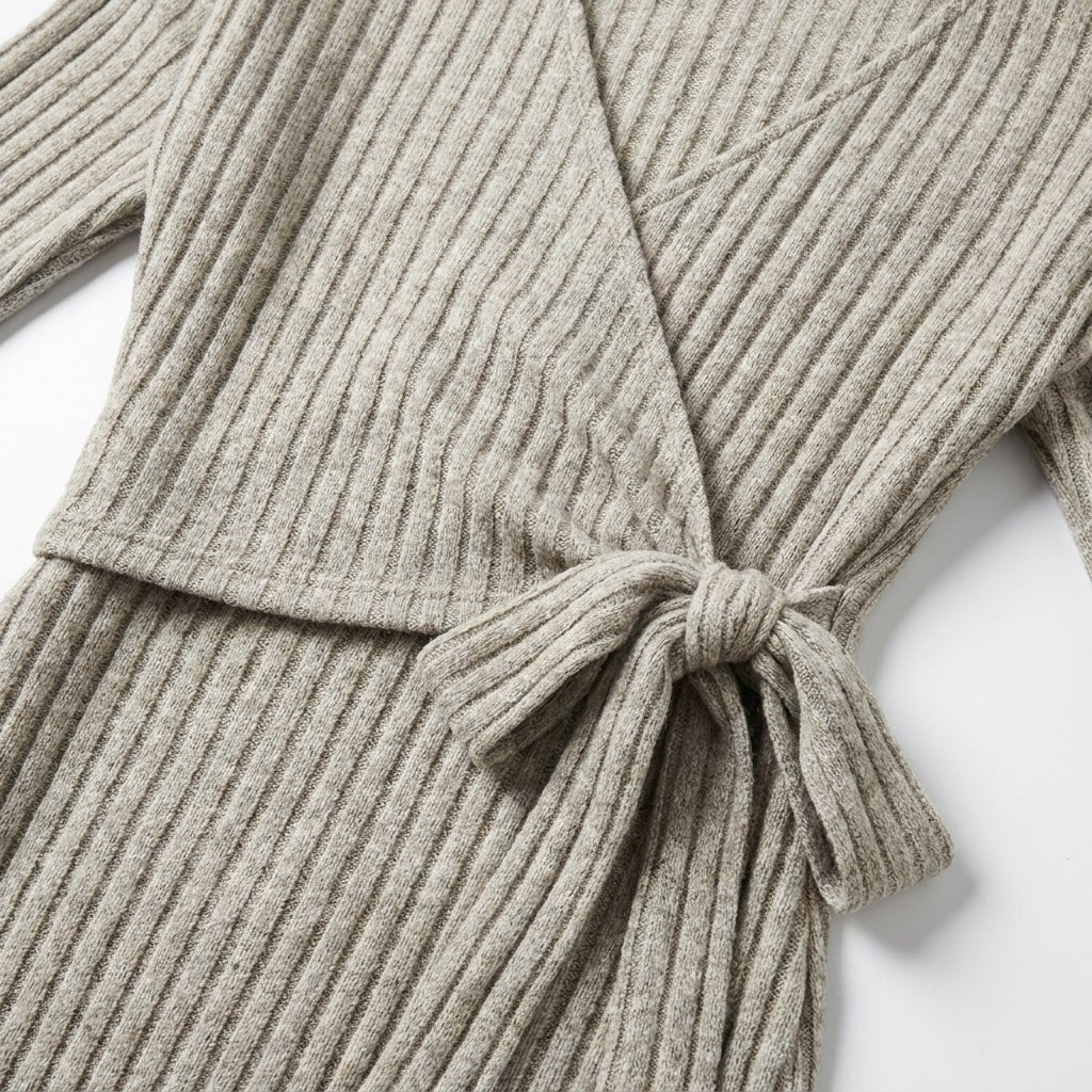 Women's Ribbed Knit Midi Dress – Wrap Style with Long Sleeves and Tie Waist - We are MFEO