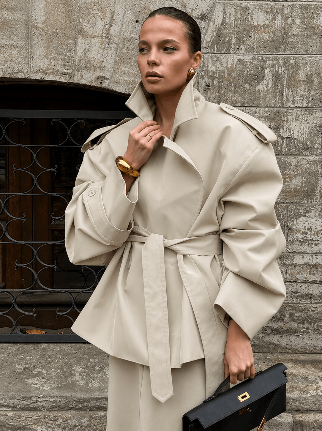 Women's Short Oversized Trench Coat – Self-Tie Belt, Voluminous Sleeves, Epaulettes - We are MFEO