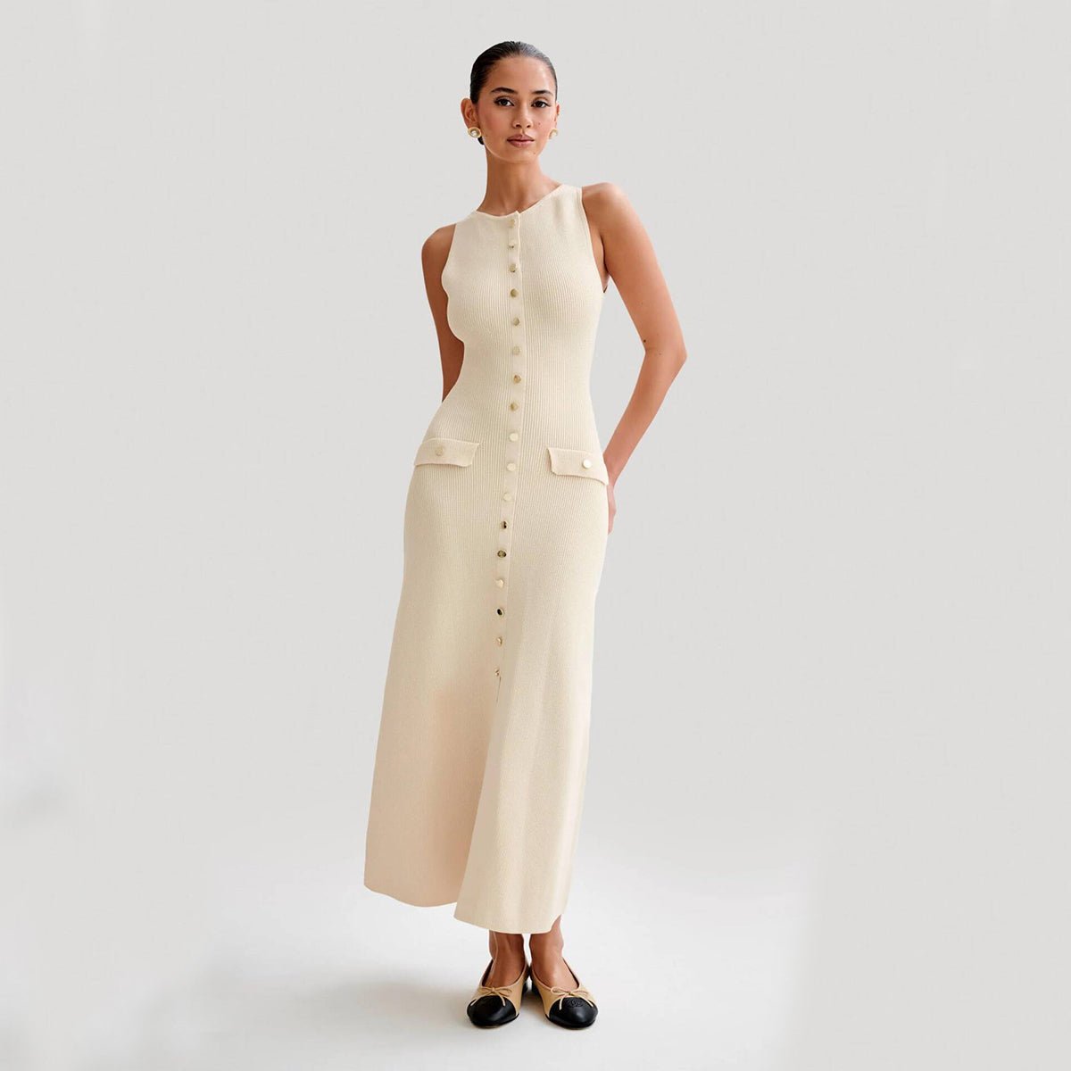 Women's Sleeveless Maxi Dress – Ribbed Knit with Button Front and Flap Pockets - We are MFEO