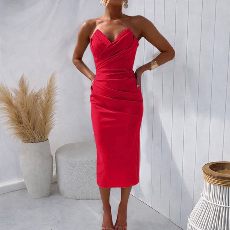 Women's Strapless Midi Dress – Ruched Bodice and Sweetheart Neckline - We are MFEO